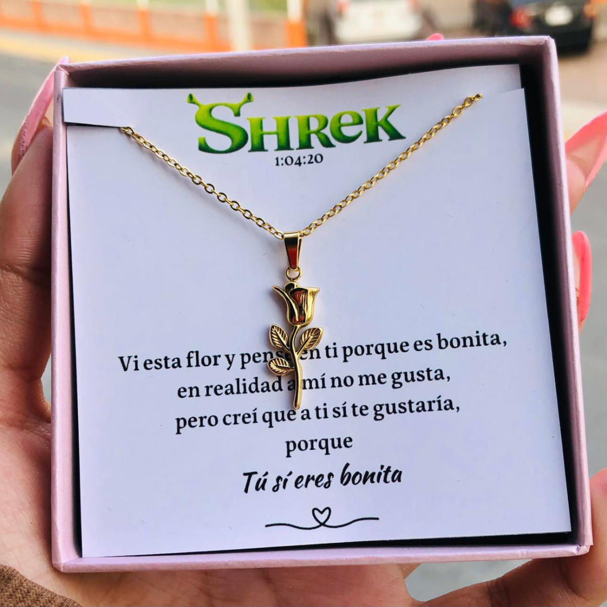 Collar Con Dije De Rosa | Chapa De Oro De 18K | Con Tarjeta y Caja