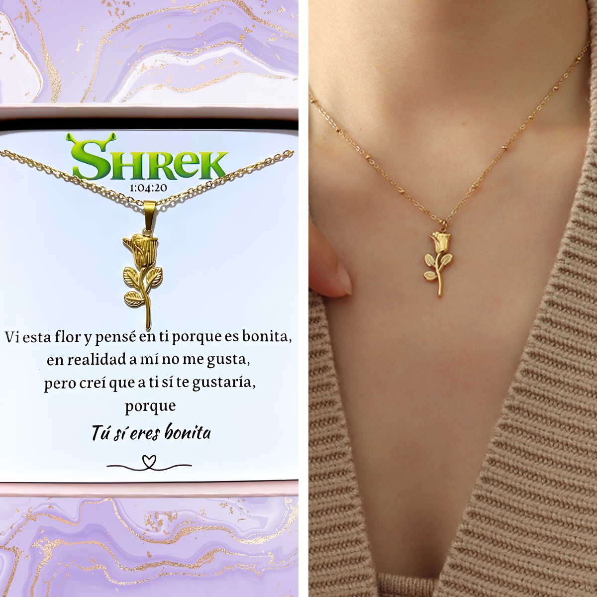 Collar Con Dije De Rosa | Chapa De Oro De 18K | Con Tarjeta y Caja